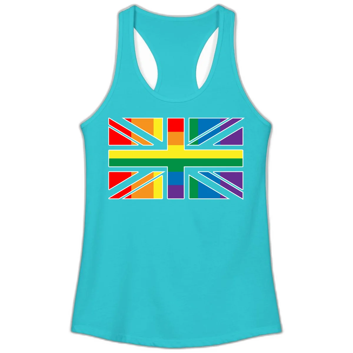 Pride geometric rainbow design with bold triangles and diagonal stripes in red, orange, yellow, green, blue, and purple in Solid Tahiti Blue