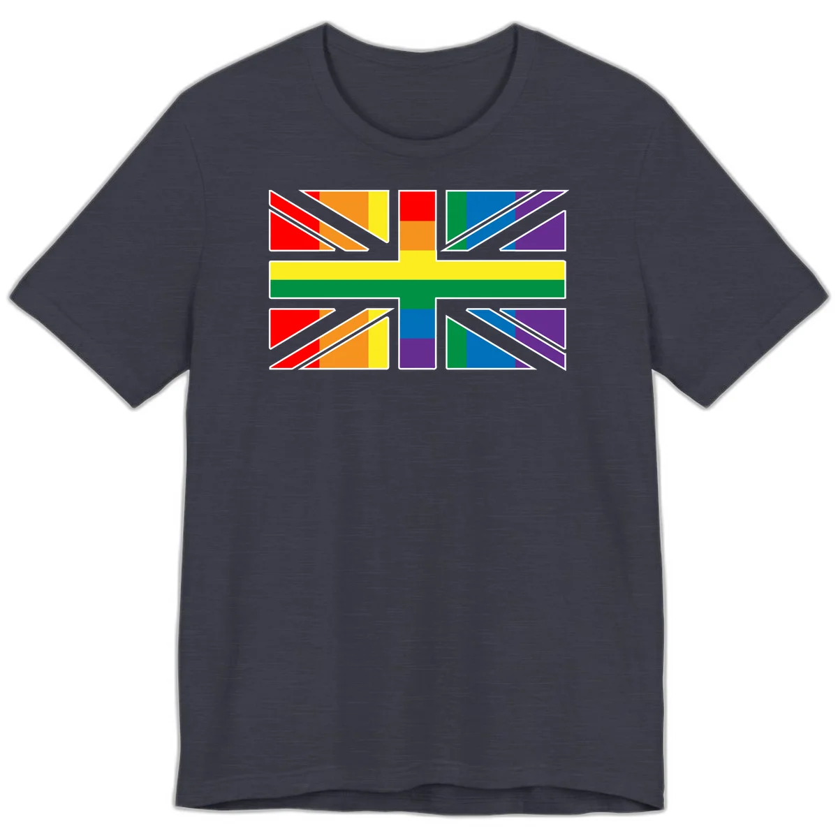 Pride geometric rainbow design with bold triangles and diagonal stripes in red, orange, yellow, green, blue, and purple in Heather Midnight Navy