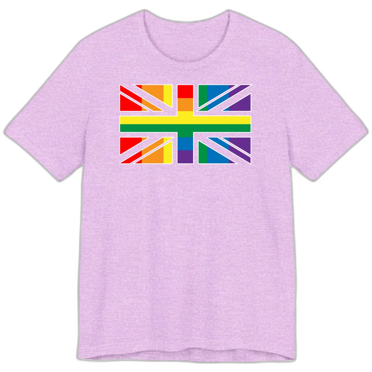 Pride geometric rainbow design with bold triangles and diagonal stripes in red, orange, yellow, green, blue, and purple in Heather Prism Lilac