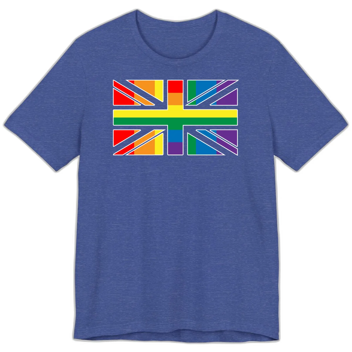 Pride geometric rainbow design with bold triangles and diagonal stripes in red, orange, yellow, green, blue, and purple in Heather True Royal