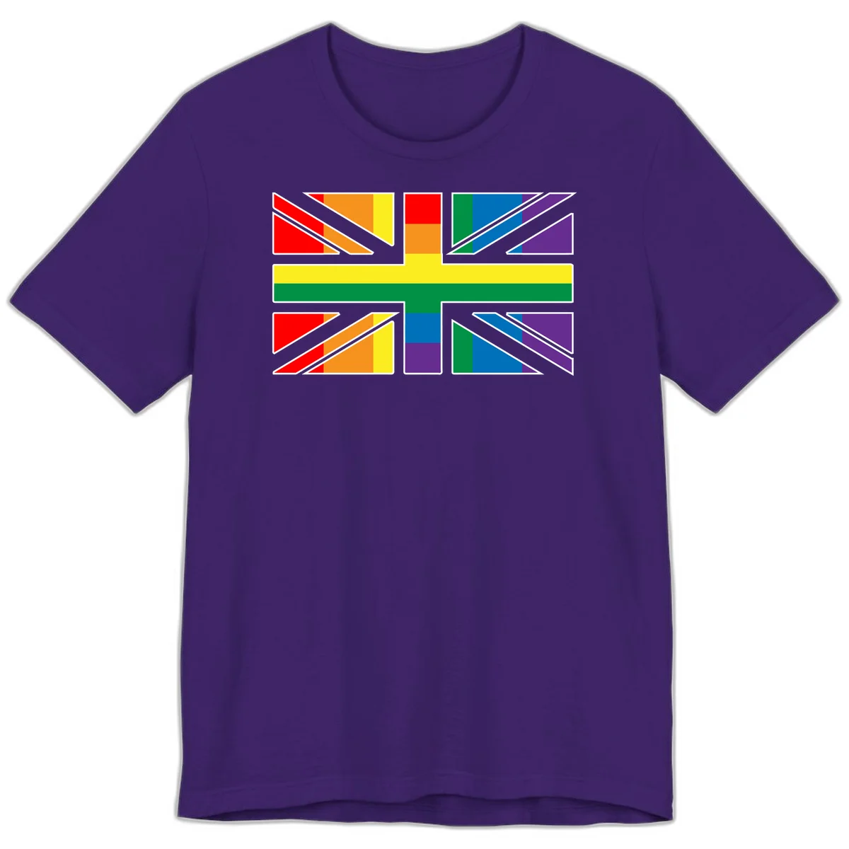 Pride geometric rainbow design with bold triangles and diagonal stripes in red, orange, yellow, green, blue, and purple in Team Purple