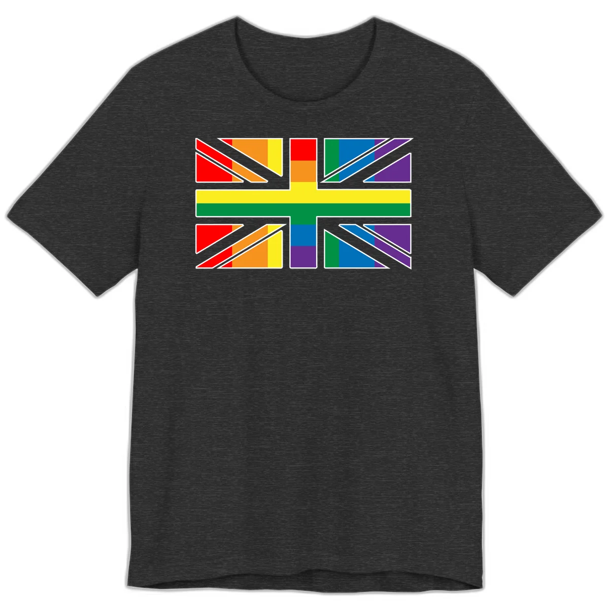 Pride geometric rainbow design with bold triangles and diagonal stripes in red, orange, yellow, green, blue, and purple in Dark Grey Heather