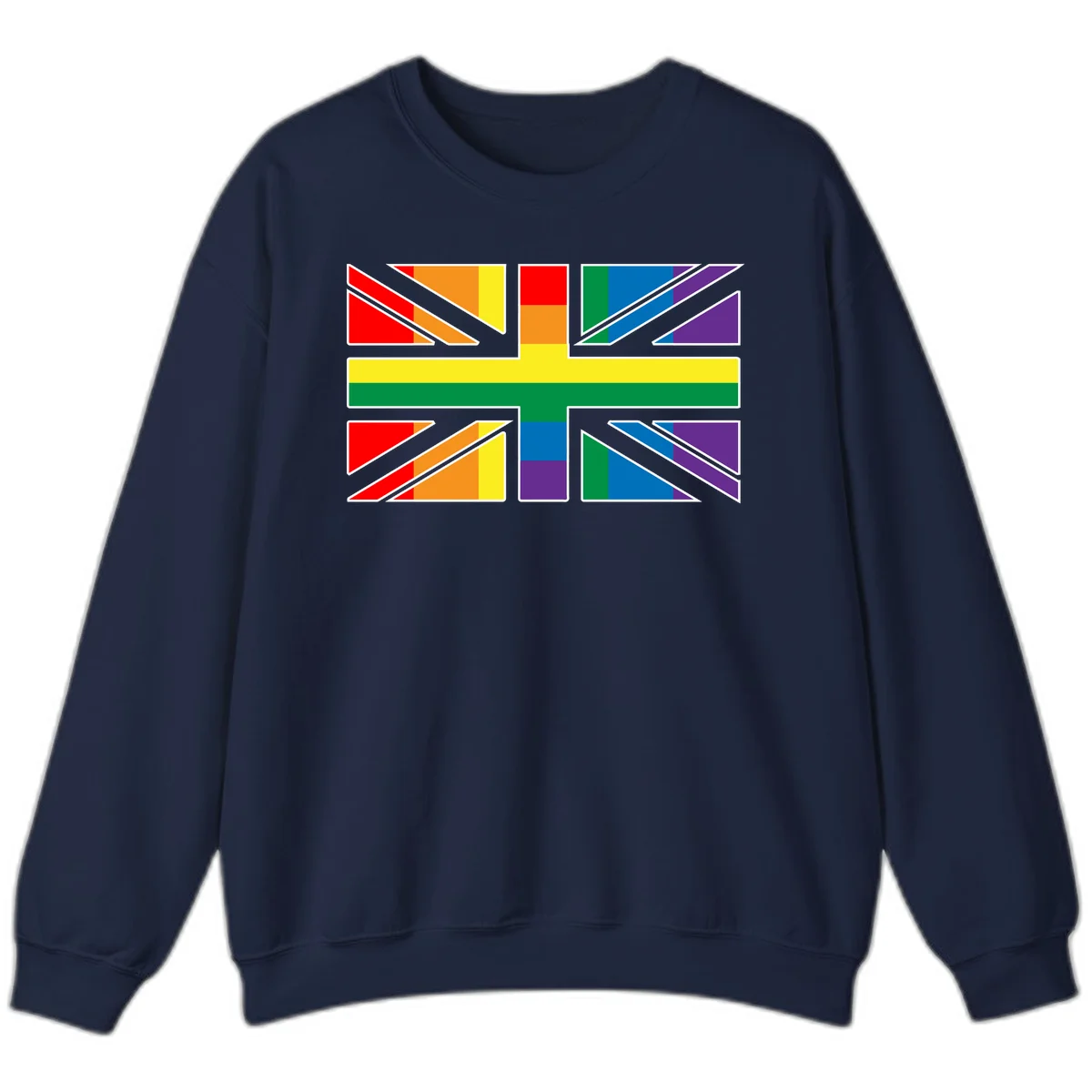 Pride geometric rainbow design with bold triangles and diagonal stripes in red, orange, yellow, green, blue, and purple in Navy