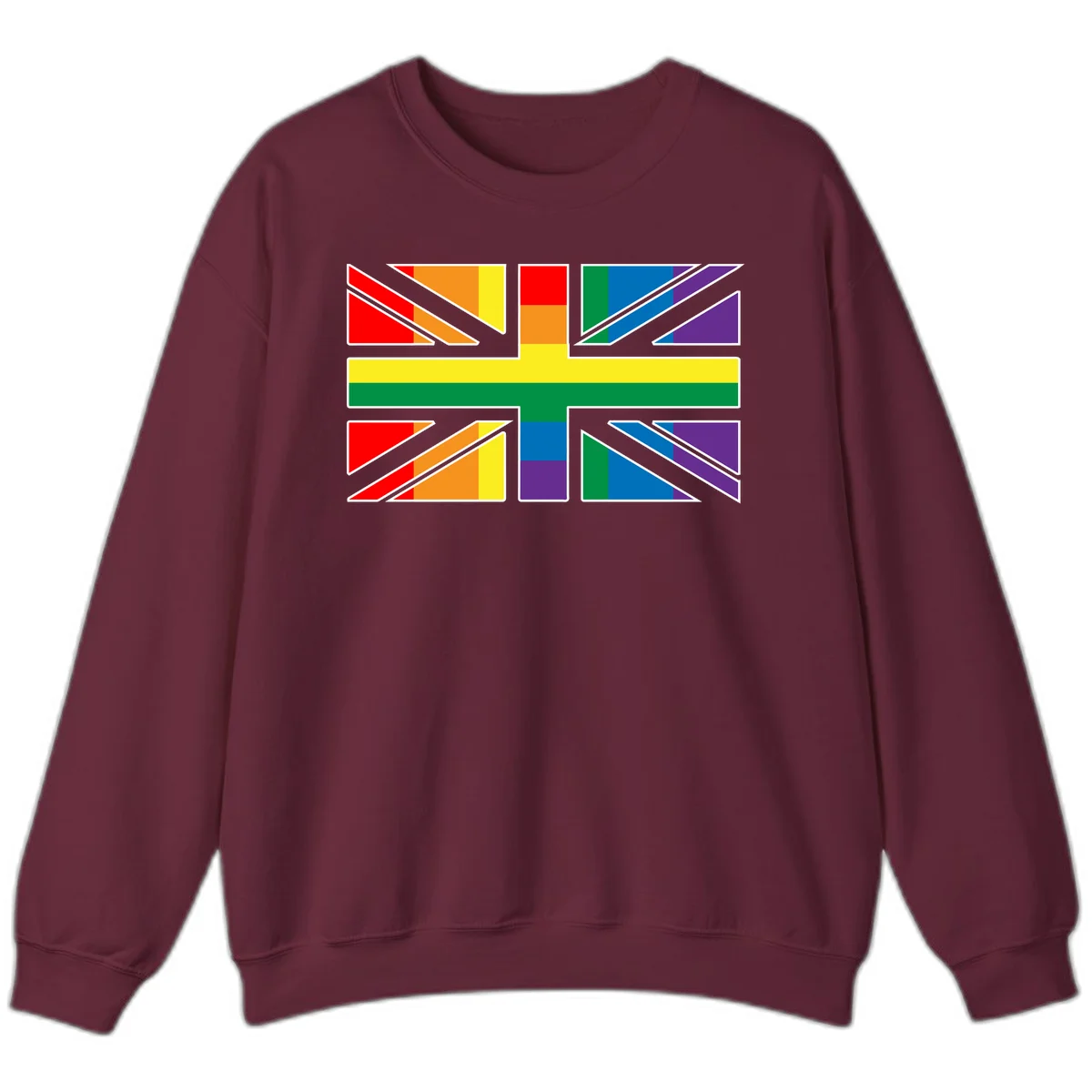 Pride geometric rainbow design with bold triangles and diagonal stripes in red, orange, yellow, green, blue, and purple in Maroon