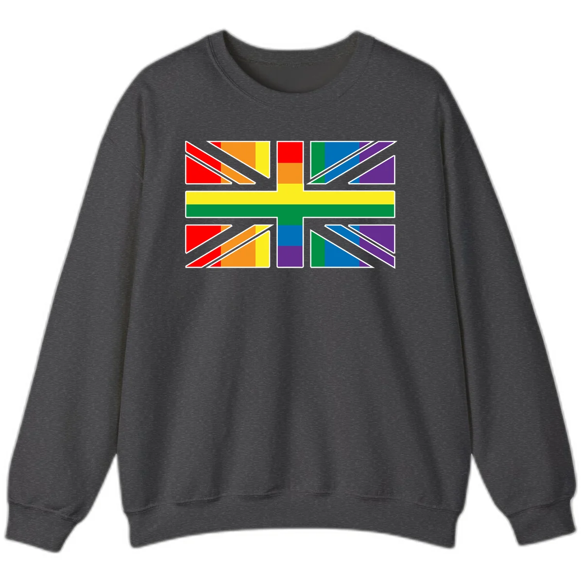 Pride geometric rainbow design with bold triangles and diagonal stripes in red, orange, yellow, green, blue, and purple in Dark Heather