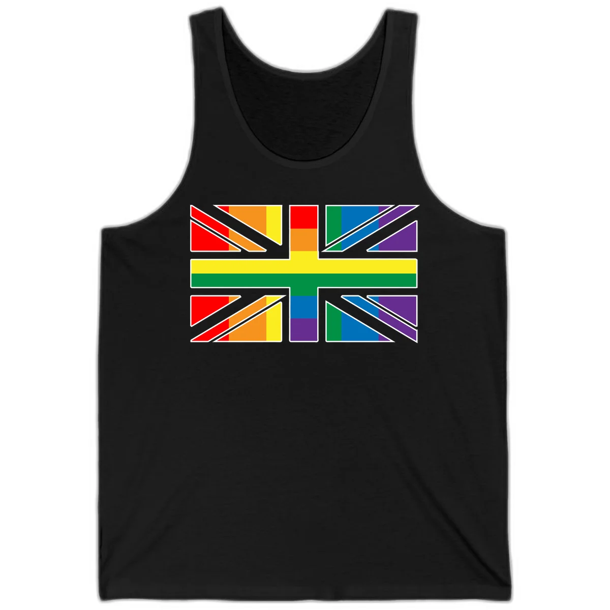 Pride geometric rainbow design with bold triangles and diagonal stripes in red, orange, yellow, green, blue, and purple in Black