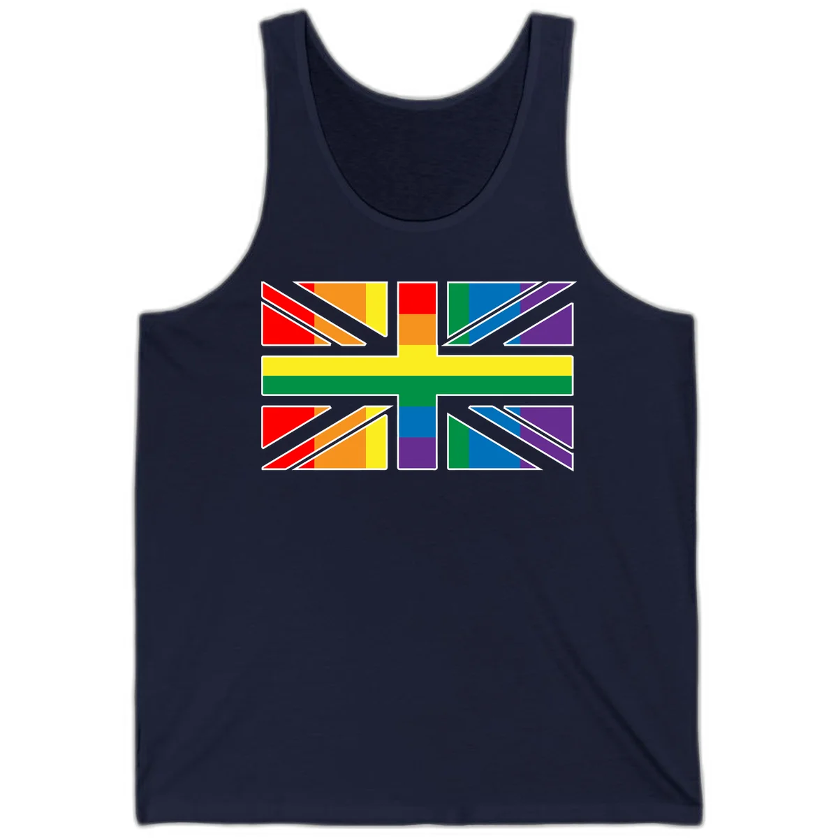 Pride geometric rainbow design with bold triangles and diagonal stripes in red, orange, yellow, green, blue, and purple in Navy