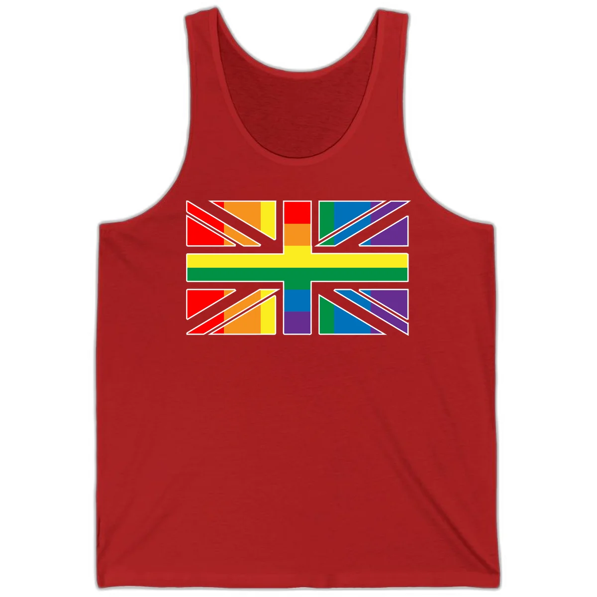 Pride geometric rainbow design with bold triangles and diagonal stripes in red, orange, yellow, green, blue, and purple in Red