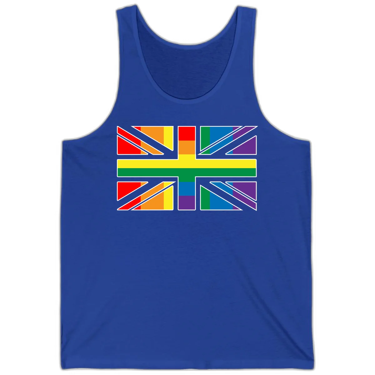 Pride geometric rainbow design with bold triangles and diagonal stripes in red, orange, yellow, green, blue, and purple in True Royal