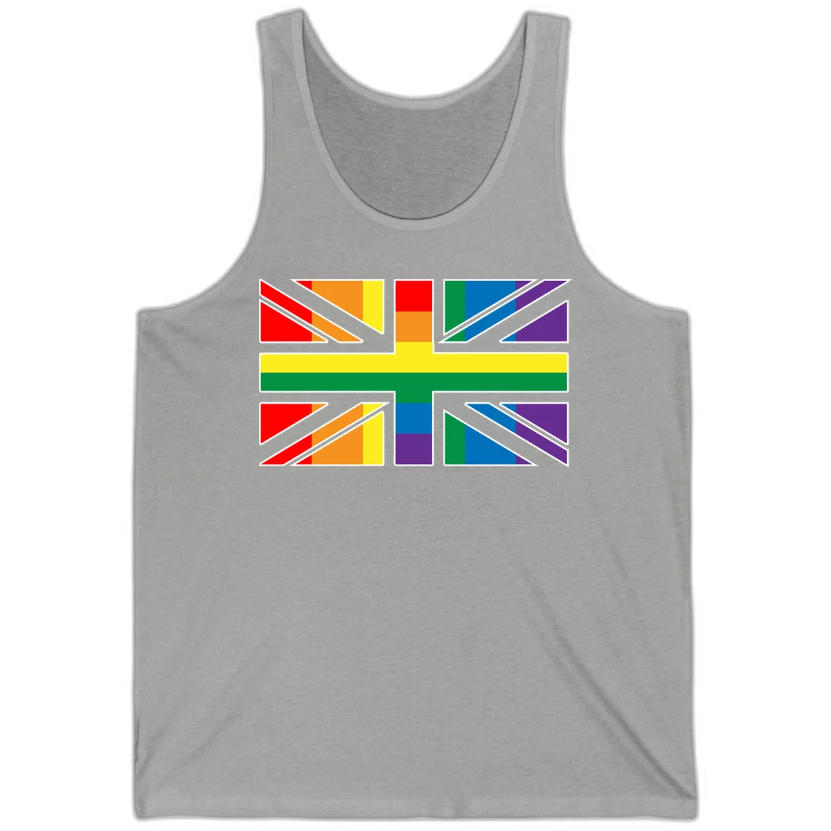 Pride geometric rainbow design with bold triangles and diagonal stripes in red, orange, yellow, green, blue, and purple in Athletic Heather