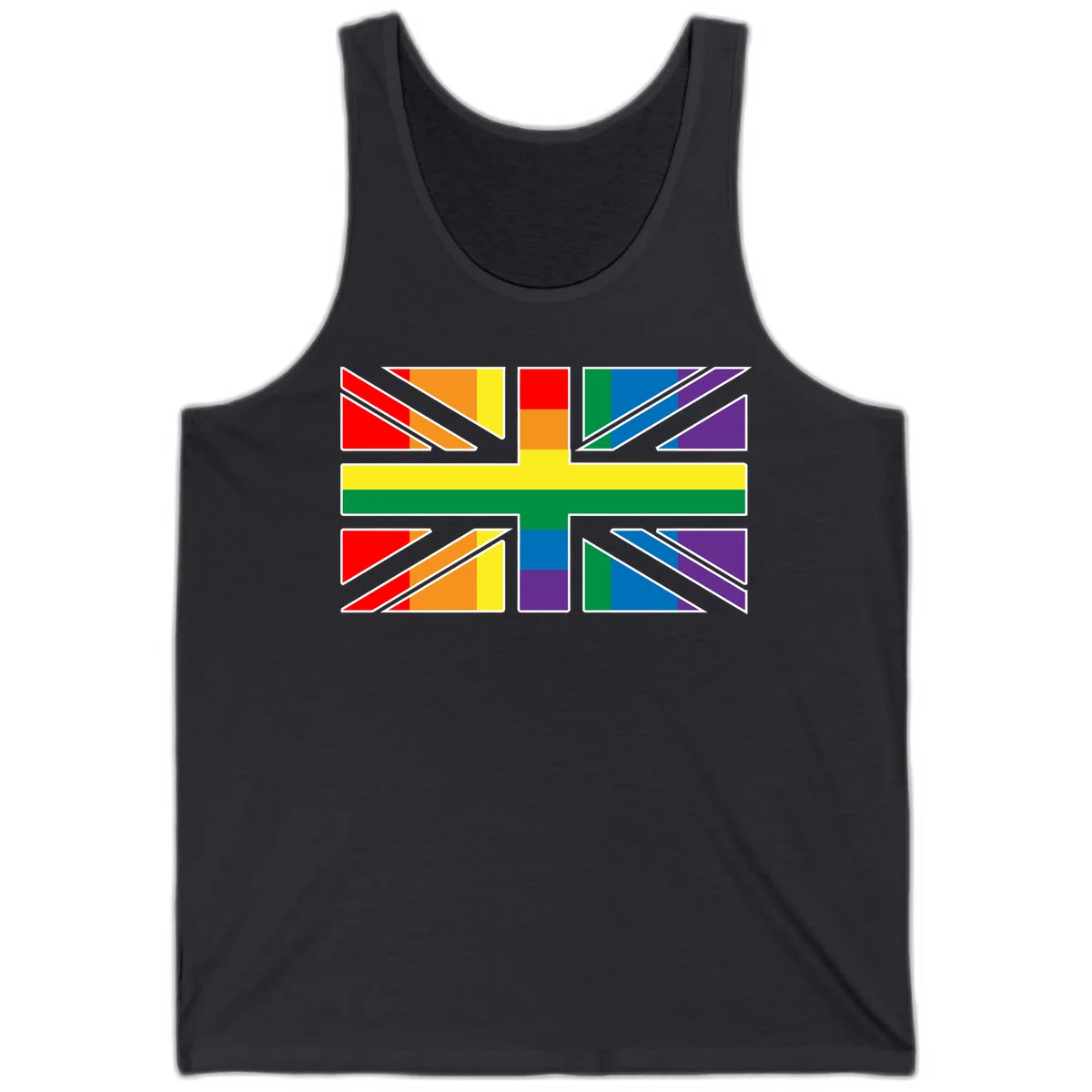 Pride geometric rainbow design with bold triangles and diagonal stripes in red, orange, yellow, green, blue, and purple in Dark Grey