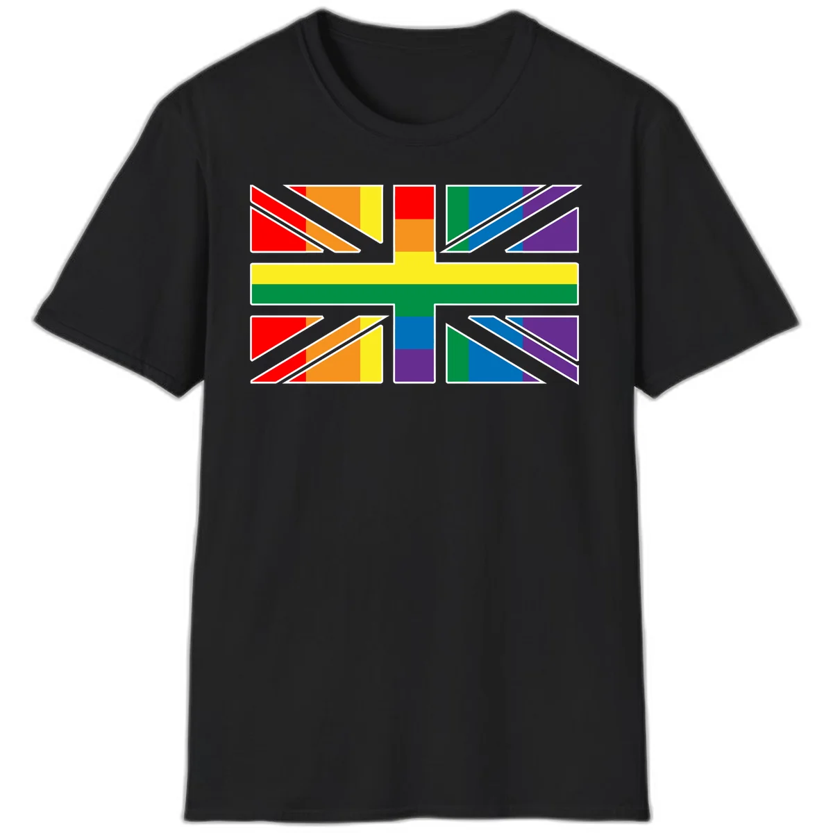 Pride geometric rainbow design with bold triangles and diagonal stripes in red, orange, yellow, green, blue, and purple in Black