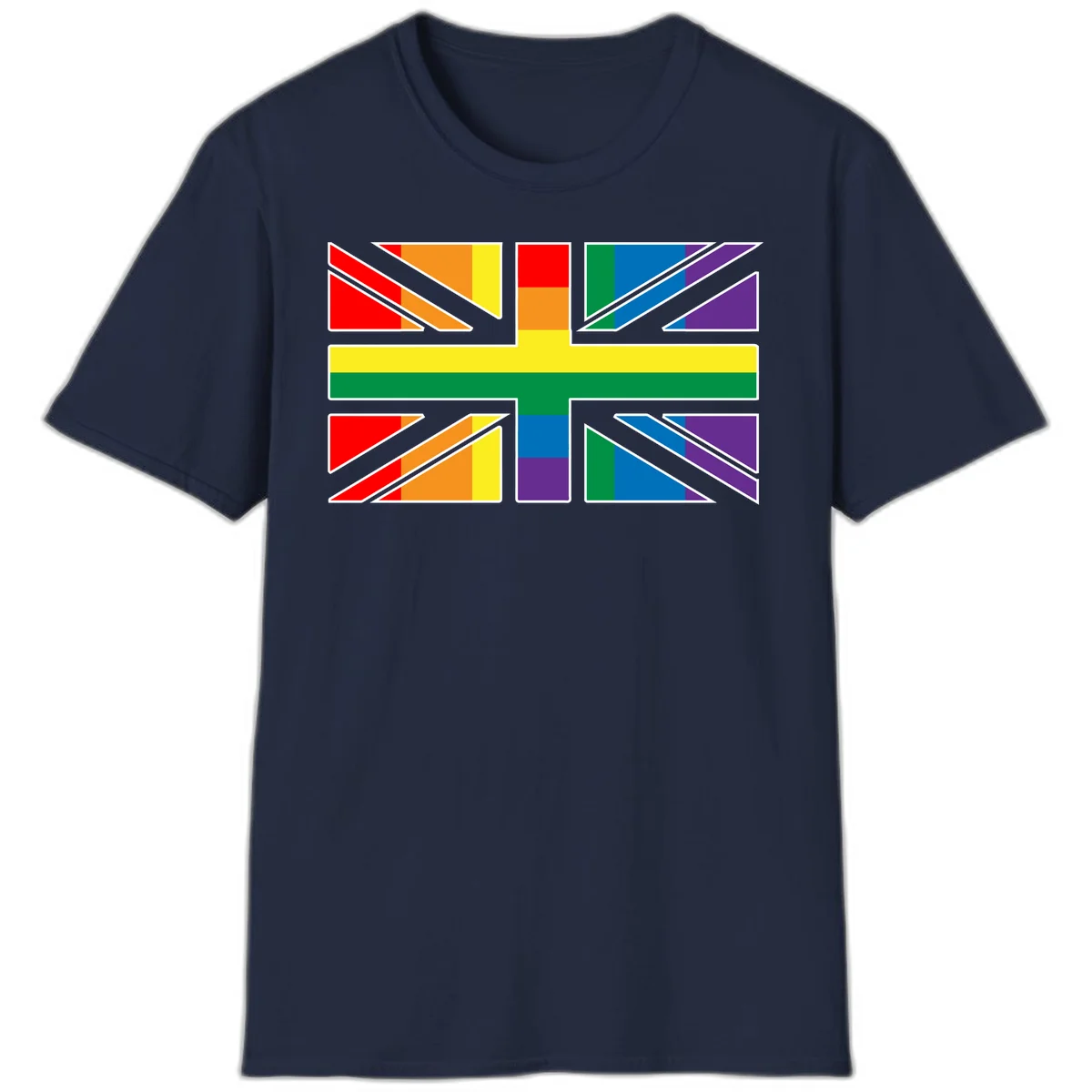 Pride geometric rainbow design with bold triangles and diagonal stripes in red, orange, yellow, green, blue, and purple in Navy