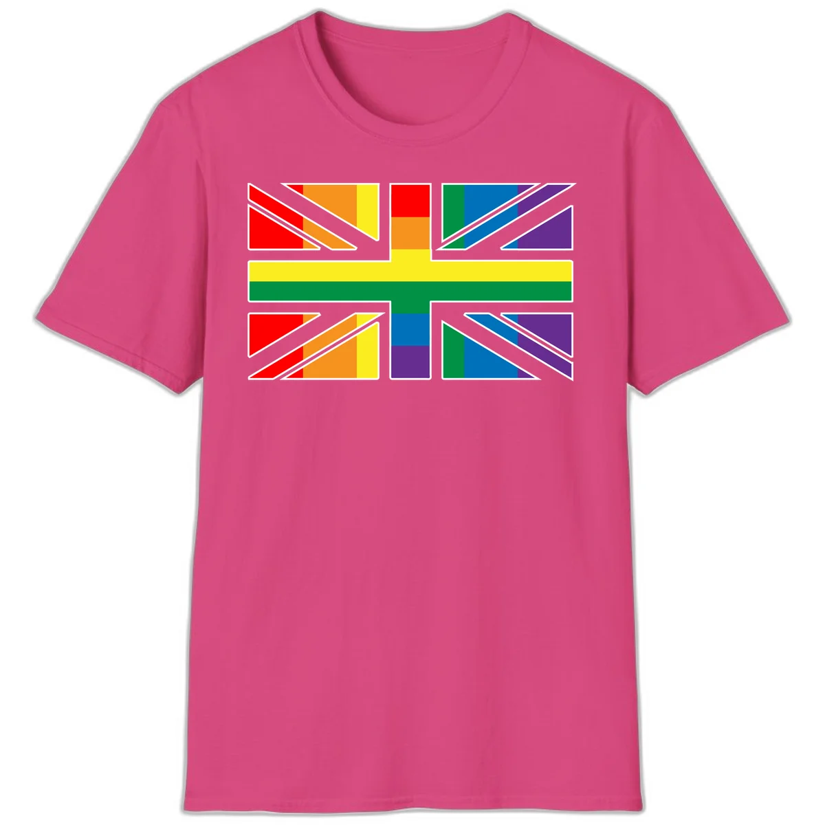 Pride geometric rainbow design with bold triangles and diagonal stripes in red, orange, yellow, green, blue, and purple in Heliconia