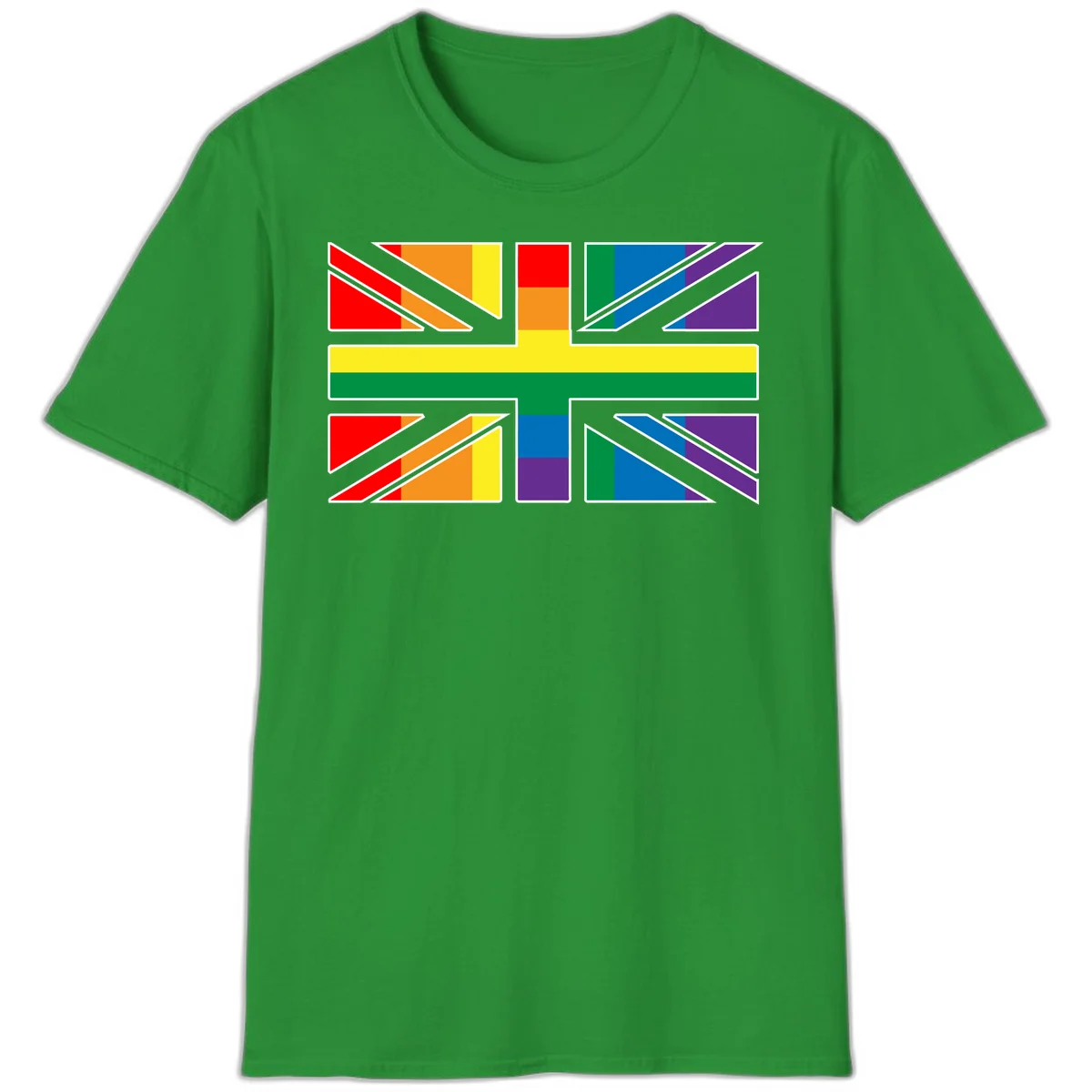 Pride geometric rainbow design with bold triangles and diagonal stripes in red, orange, yellow, green, blue, and purple in Irish Green