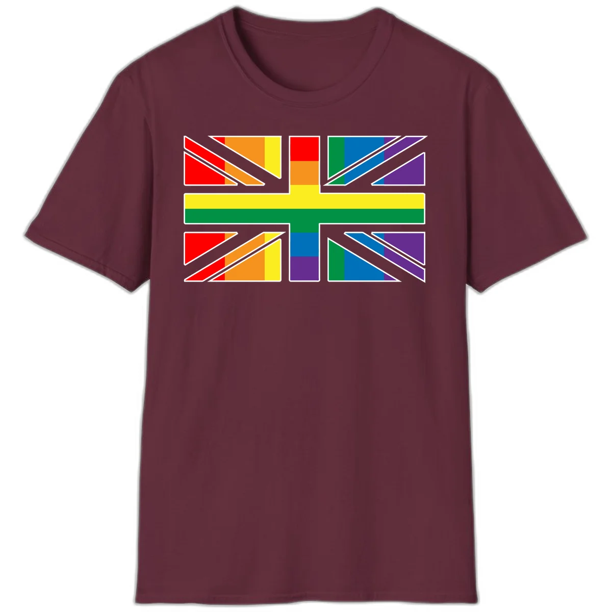 Pride geometric rainbow design with bold triangles and diagonal stripes in red, orange, yellow, green, blue, and purple in Maroon