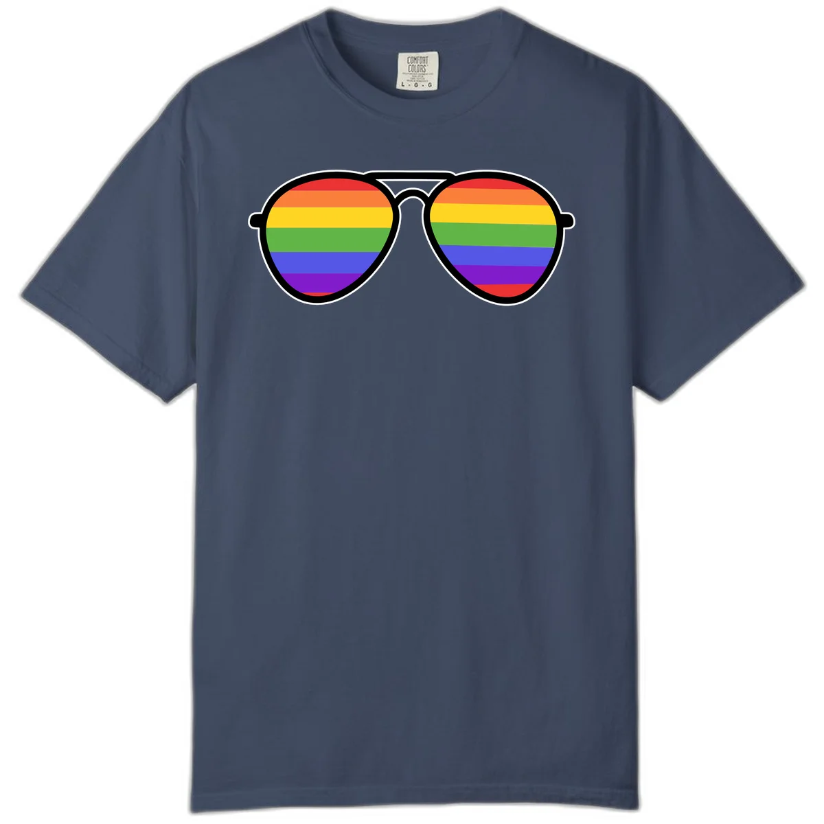 Pair of aviator sunglasses with rainbow-striped lenses in pride flag colors on gray background in Midnight