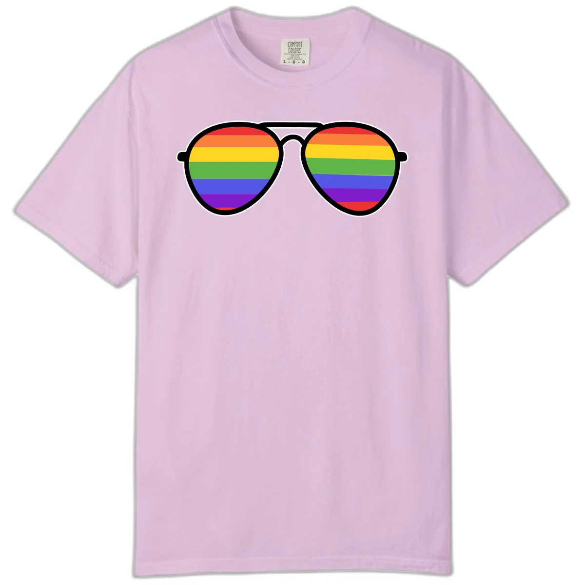 Pair of aviator sunglasses with rainbow-striped lenses in pride flag colors on gray background in Orchid