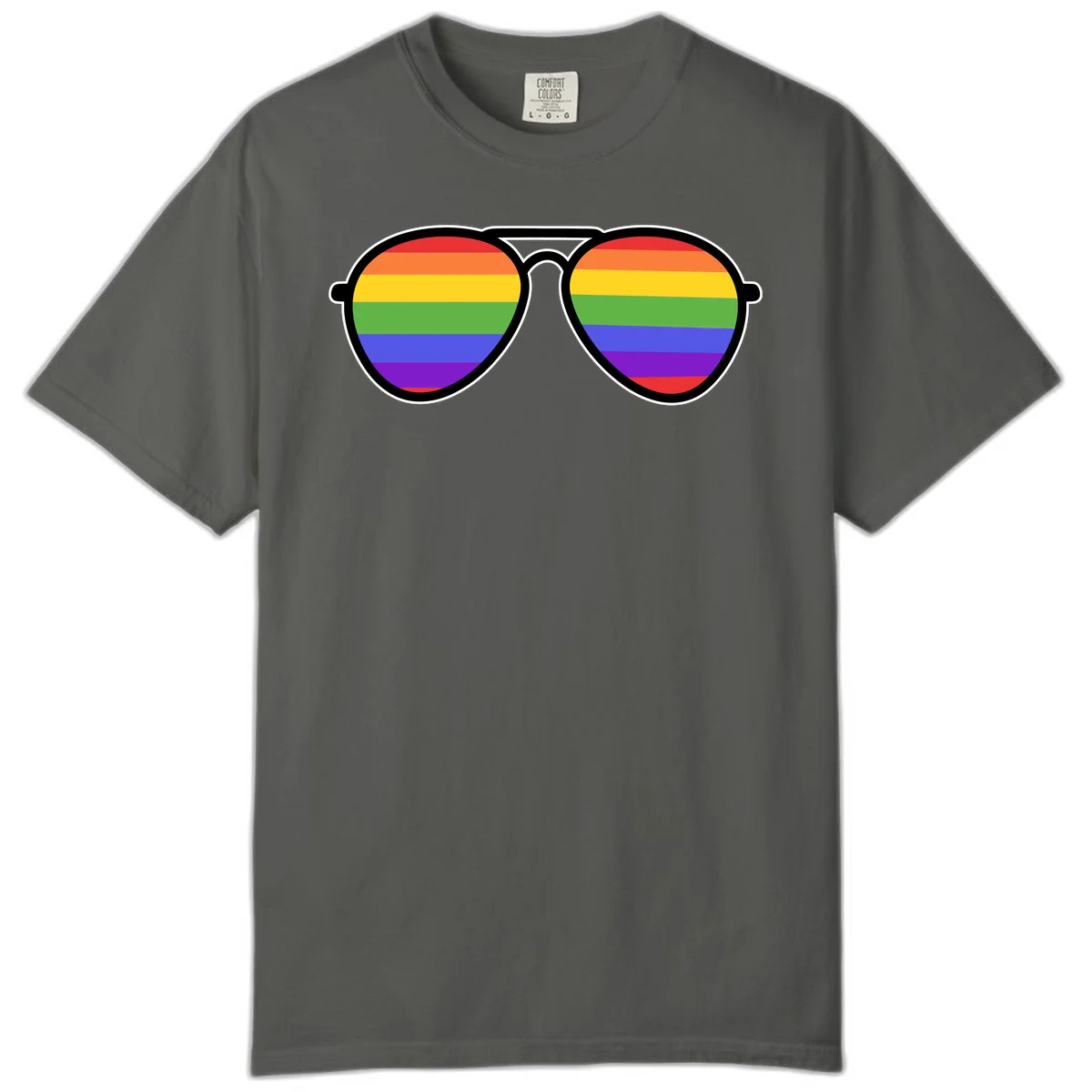 Pair of aviator sunglasses with rainbow-striped lenses in pride flag colors on gray background in Pepper