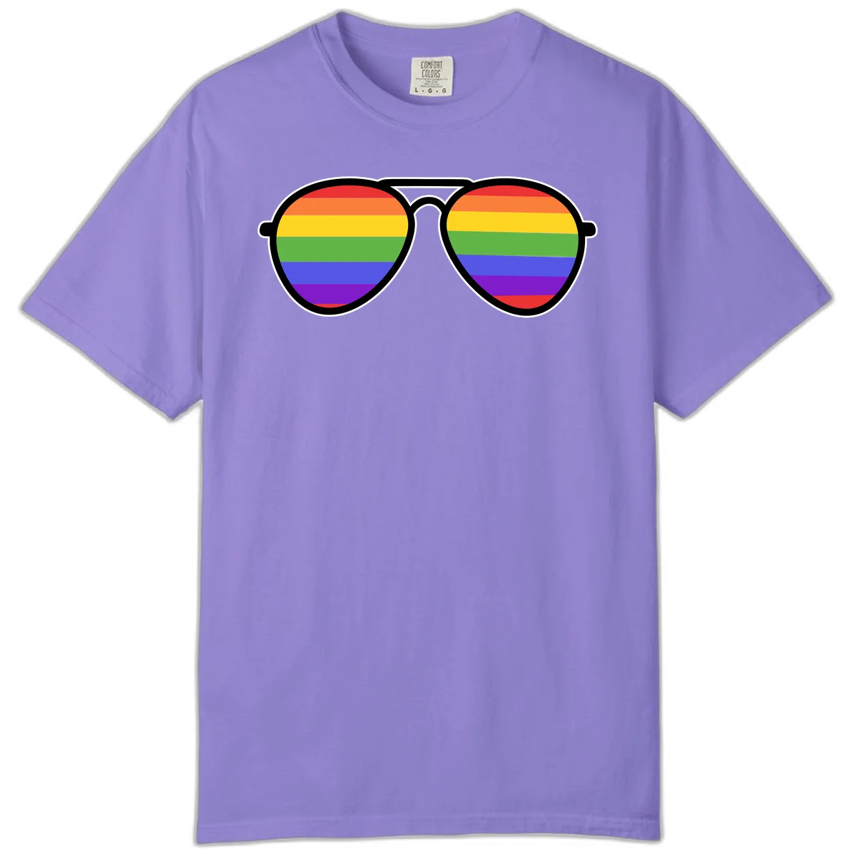 Pair of aviator sunglasses with rainbow-striped lenses in pride flag colors on gray background in Violet