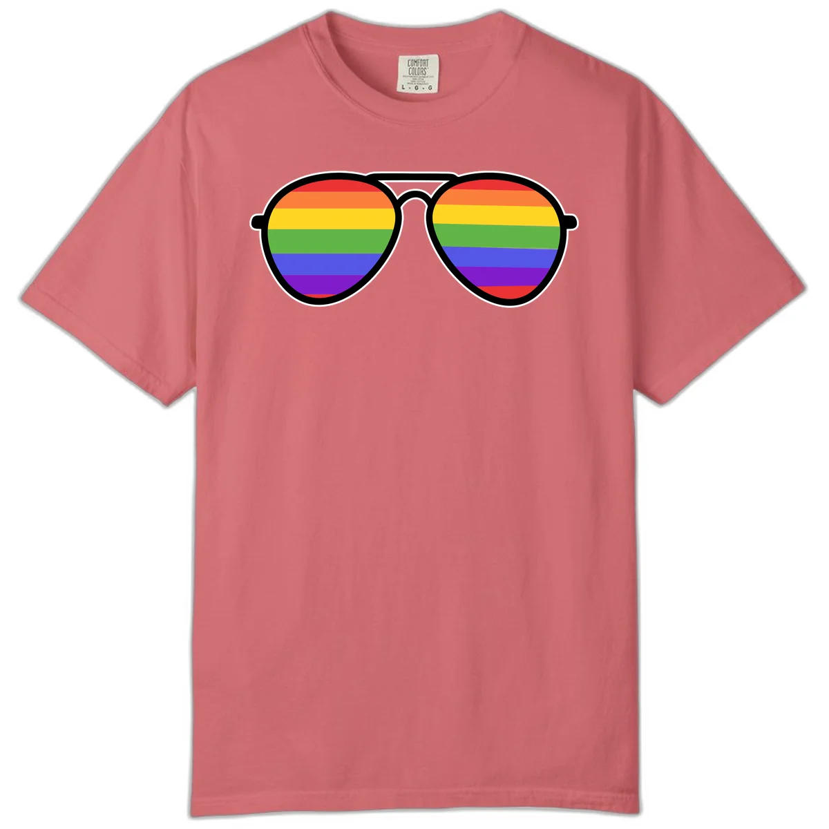 Pair of aviator sunglasses with rainbow-striped lenses in pride flag colors on gray background in Watermelon