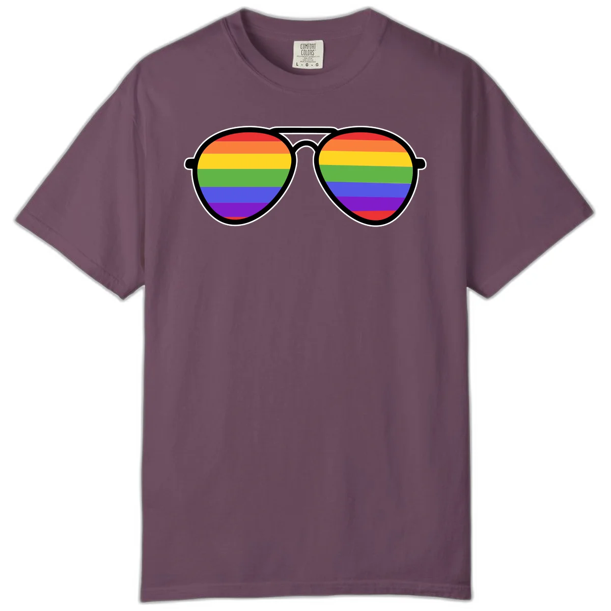 Pair of aviator sunglasses with rainbow-striped lenses in pride flag colors on gray background in Berry