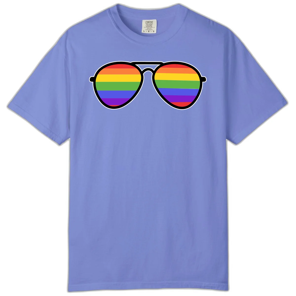 Pair of aviator sunglasses with rainbow-striped lenses in pride flag colors on gray background in Flo Blue