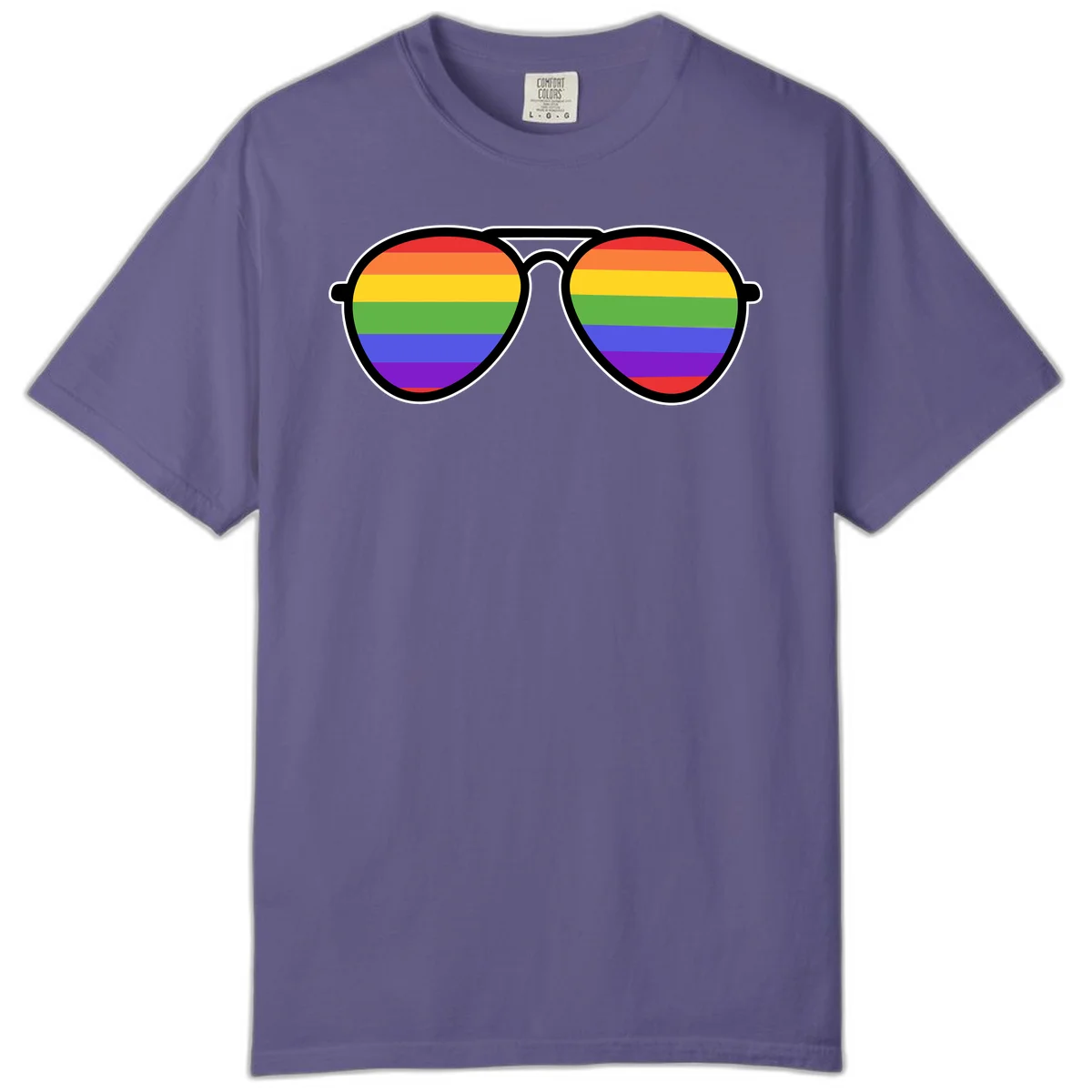 Pair of aviator sunglasses with rainbow-striped lenses in pride flag colors on gray background in Grape