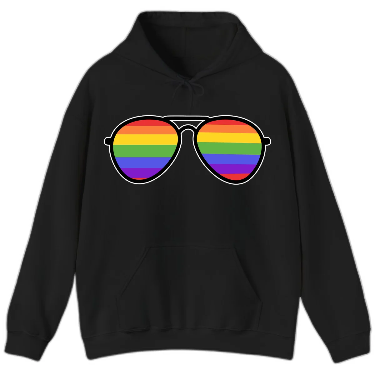 Pair of aviator sunglasses with rainbow-striped lenses in pride flag colors on gray background in Black