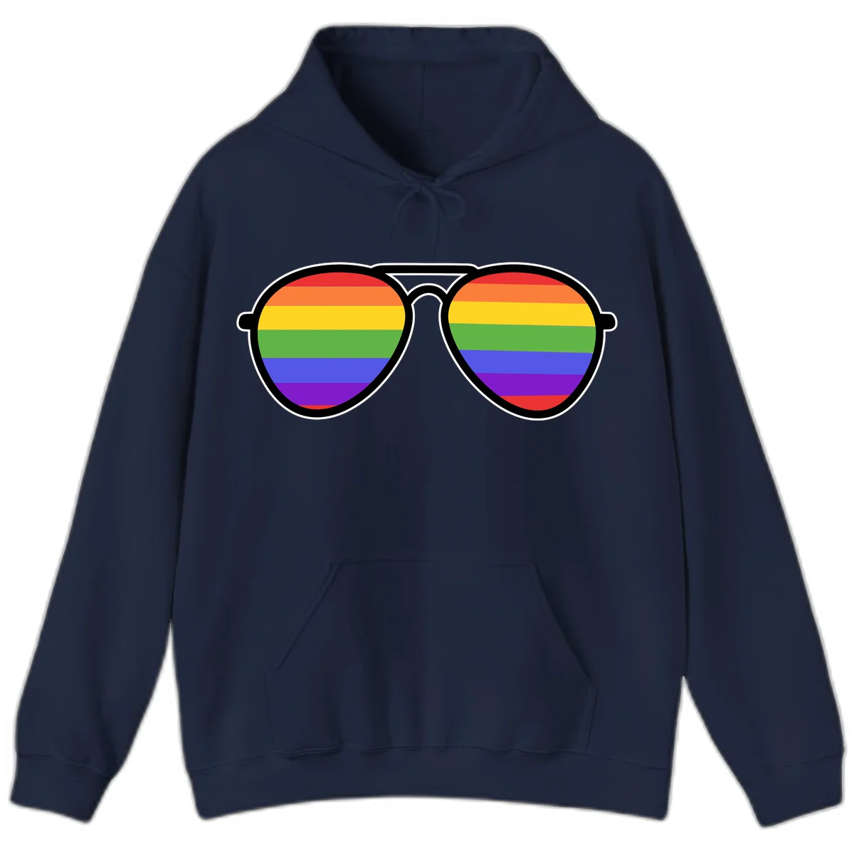 Pair of aviator sunglasses with rainbow-striped lenses in pride flag colors on gray background in Navy