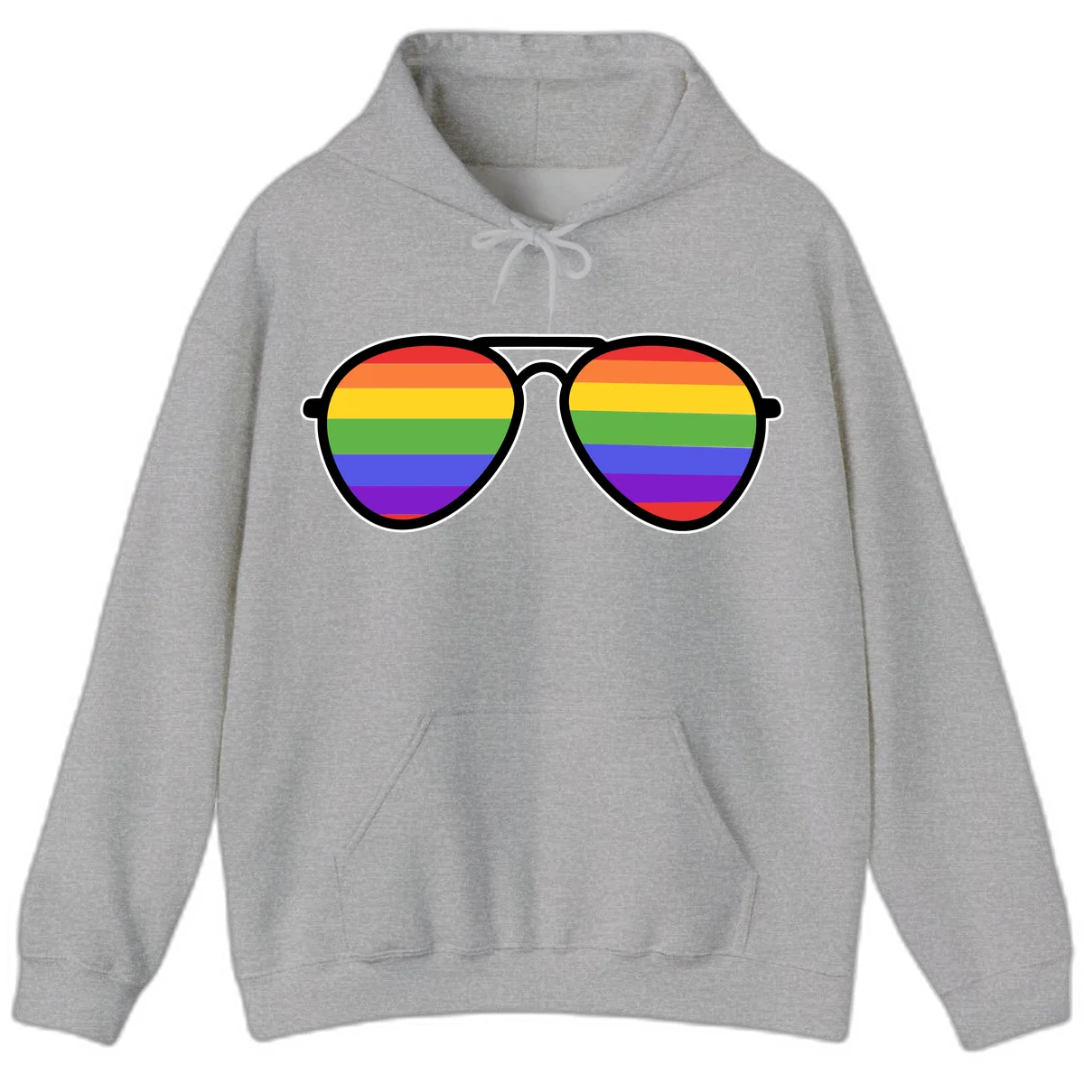 Pair of aviator sunglasses with rainbow-striped lenses in pride flag colors on gray background in Sport Grey
