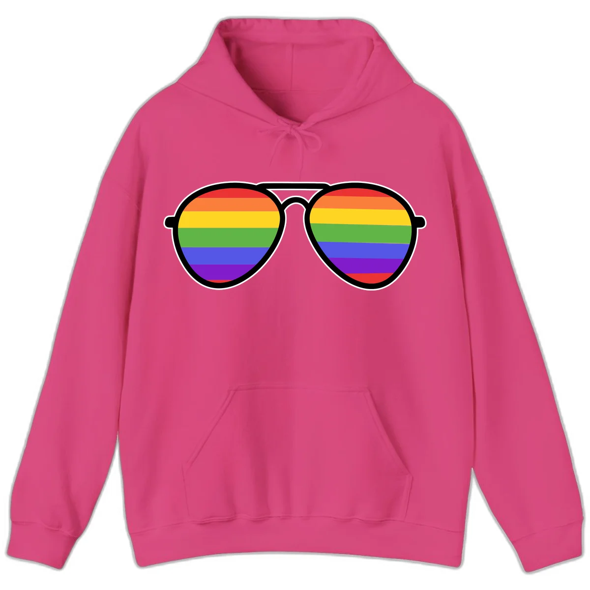 Pair of aviator sunglasses with rainbow-striped lenses in pride flag colors on gray background in Heliconia