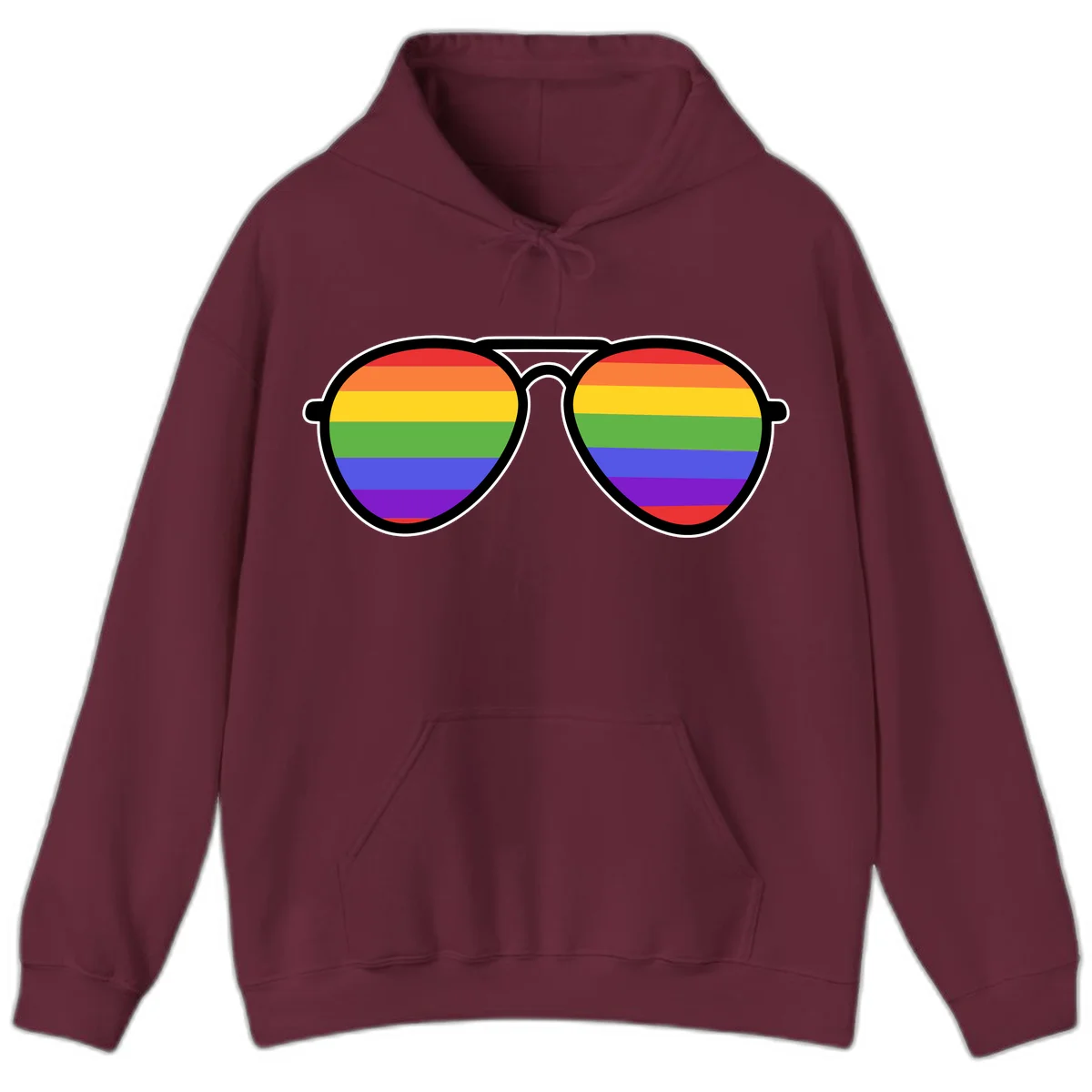 Pair of aviator sunglasses with rainbow-striped lenses in pride flag colors on gray background in Maroon