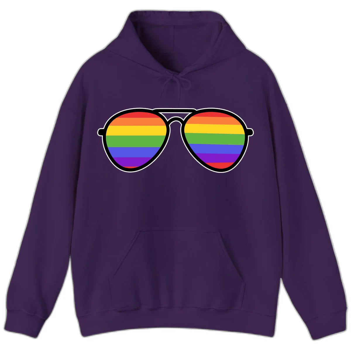 Pair of aviator sunglasses with rainbow-striped lenses in pride flag colors on gray background in Purple