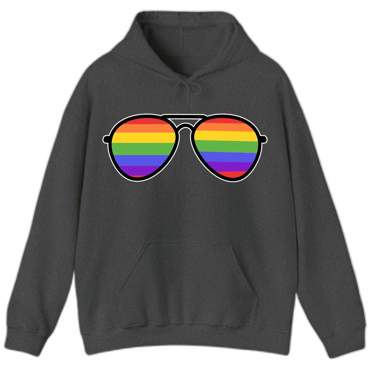 Pair of aviator sunglasses with rainbow-striped lenses in pride flag colors on gray background in Dark Heather