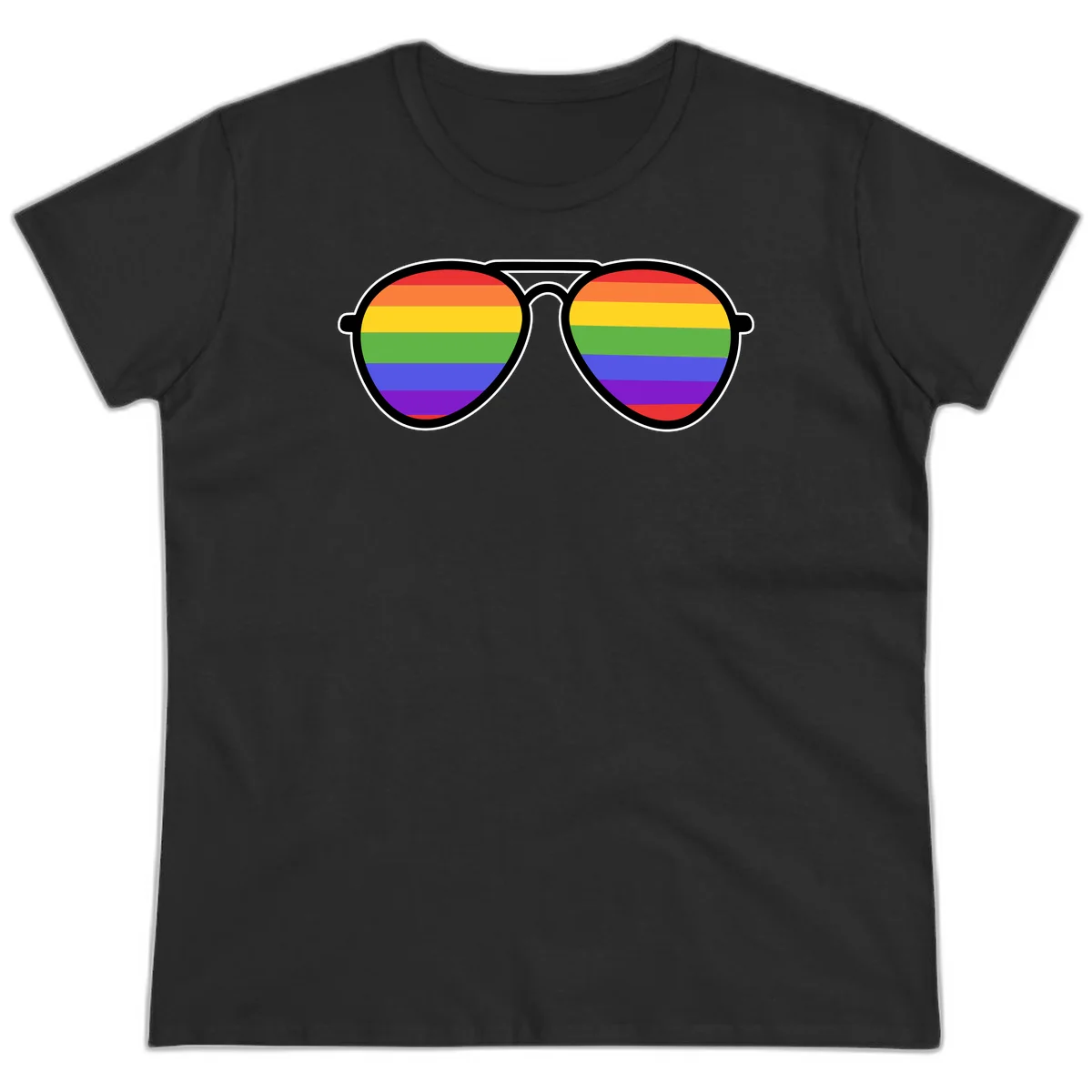 Pair of aviator sunglasses with rainbow-striped lenses in pride flag colors on gray background in Black