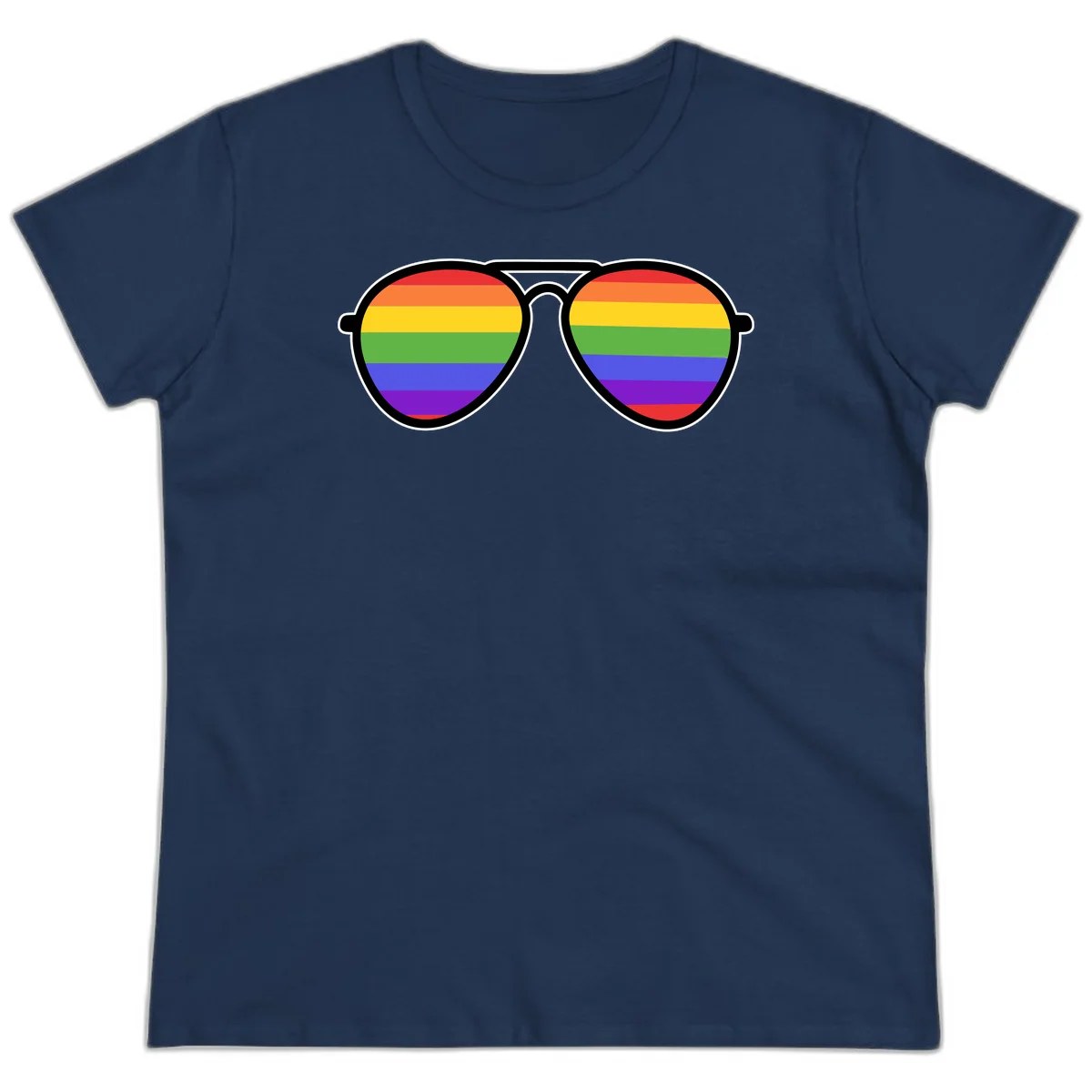 Pair of aviator sunglasses with rainbow-striped lenses in pride flag colors on gray background in Navy