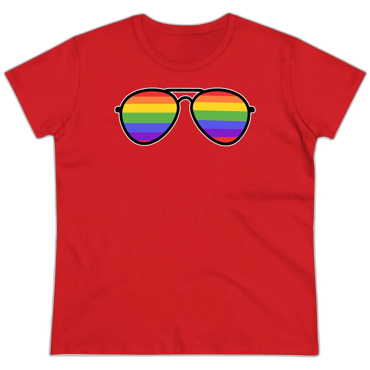 Pair of aviator sunglasses with rainbow-striped lenses in pride flag colors on gray background in Red