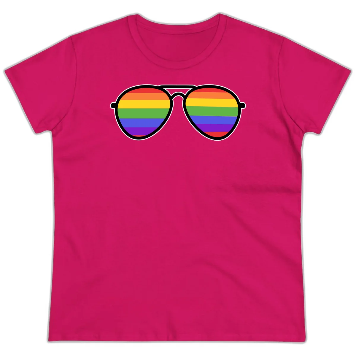 Pair of aviator sunglasses with rainbow-striped lenses in pride flag colors on gray background in Heliconia