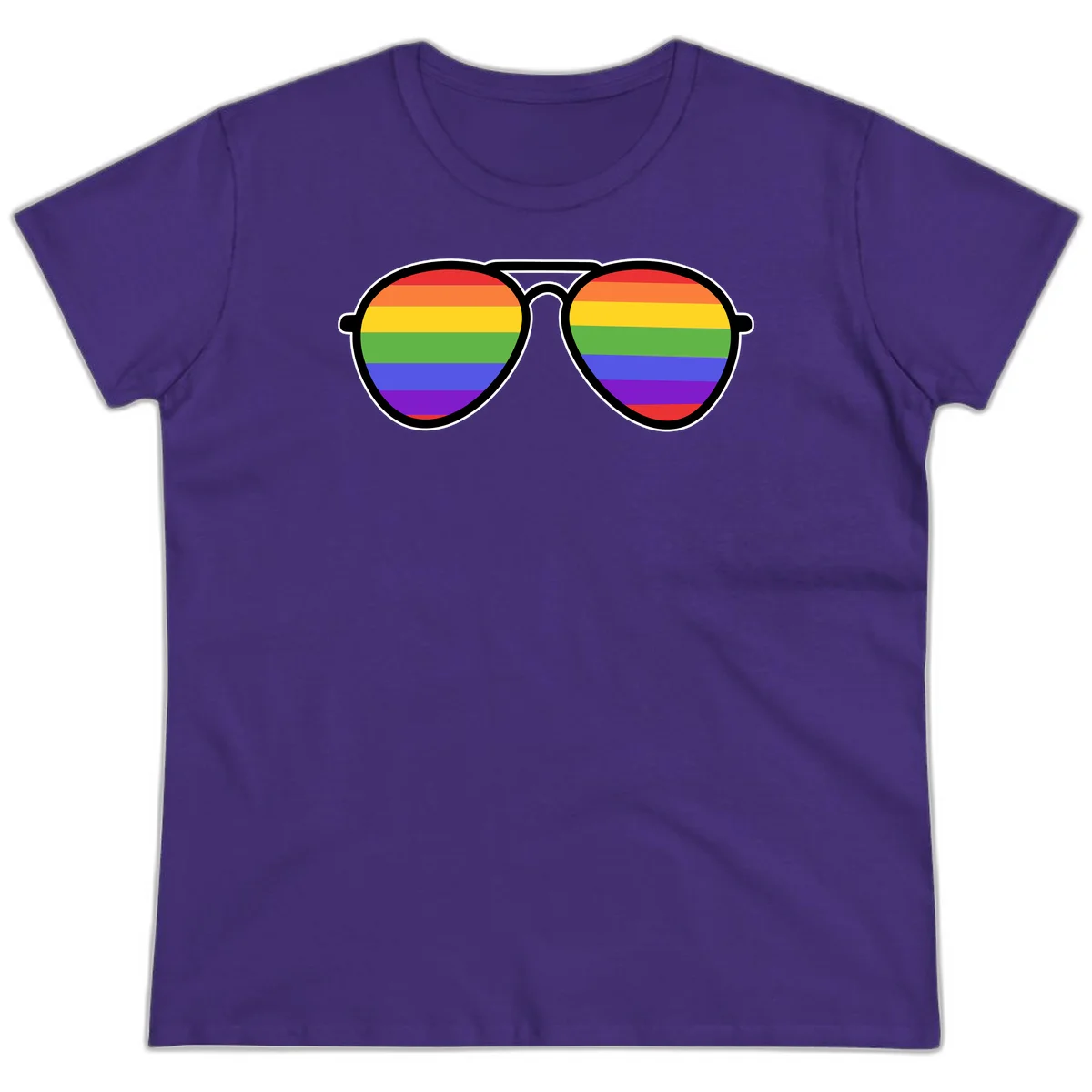 Pair of aviator sunglasses with rainbow-striped lenses in pride flag colors on gray background in Purple