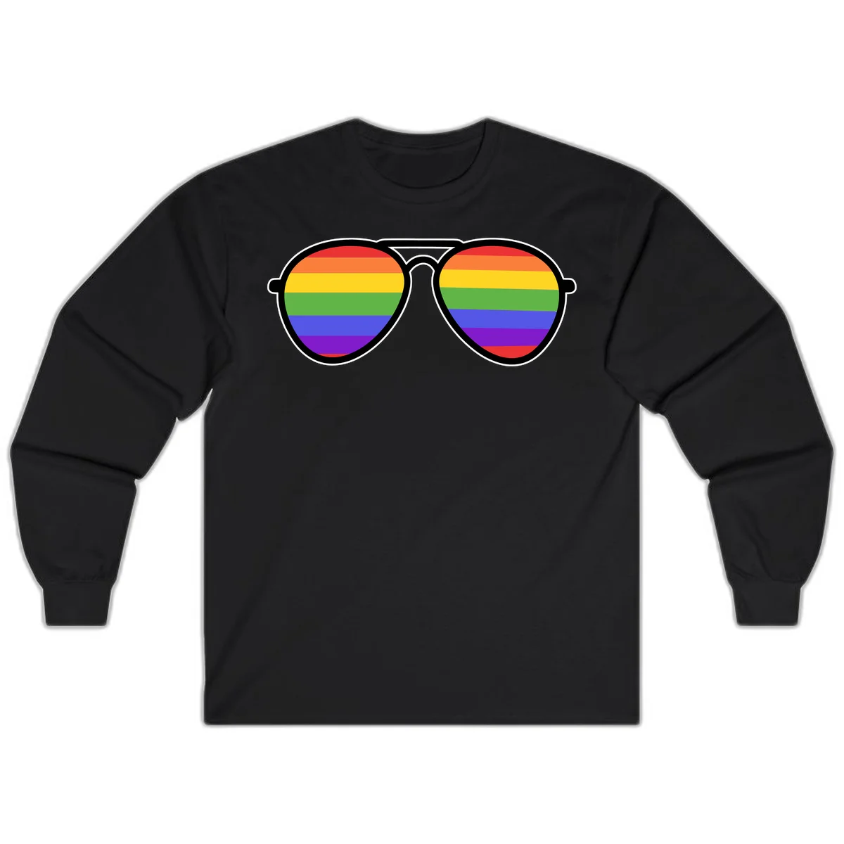 Pair of aviator sunglasses with rainbow-striped lenses in pride flag colors on gray background in Black