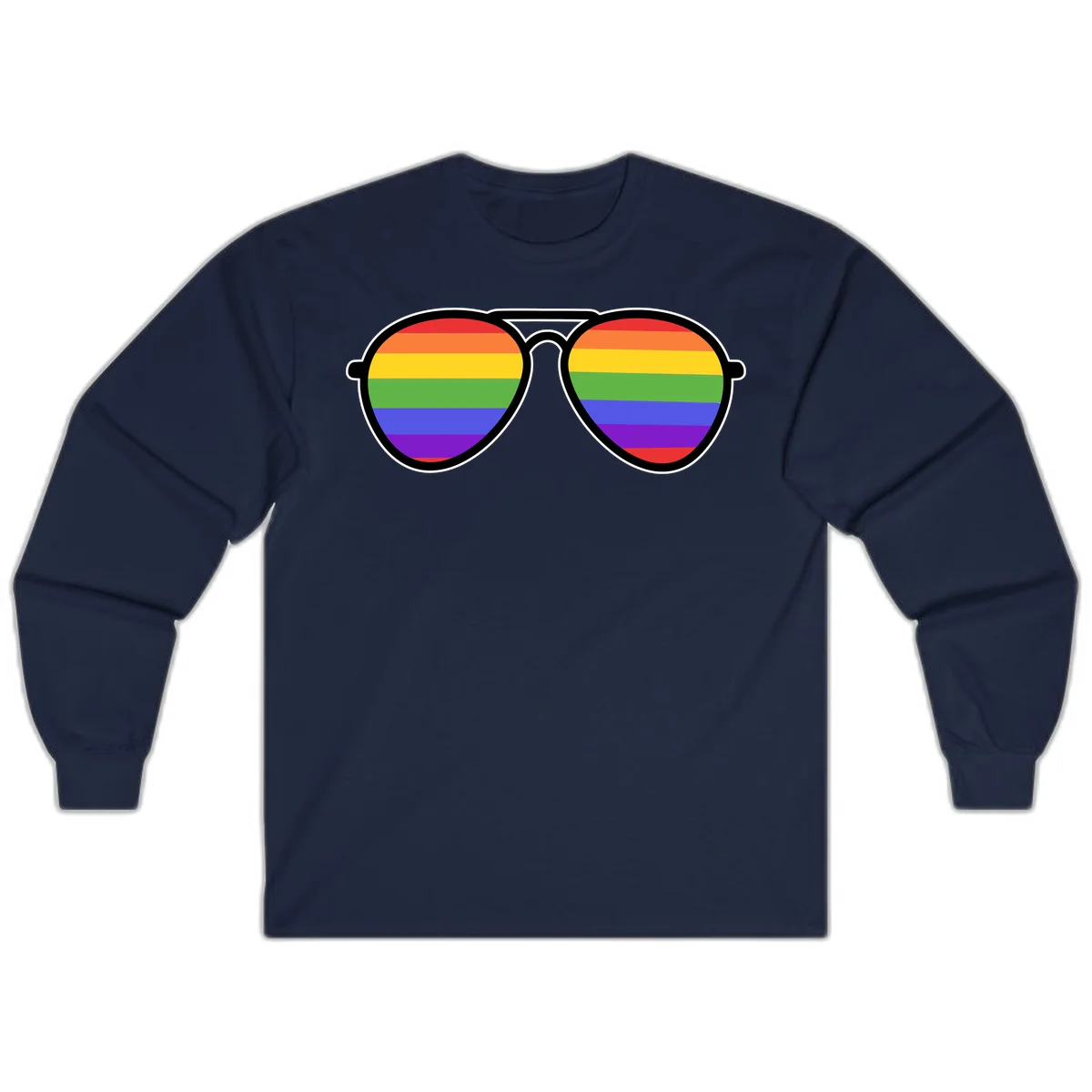 Pair of aviator sunglasses with rainbow-striped lenses in pride flag colors on gray background in Navy