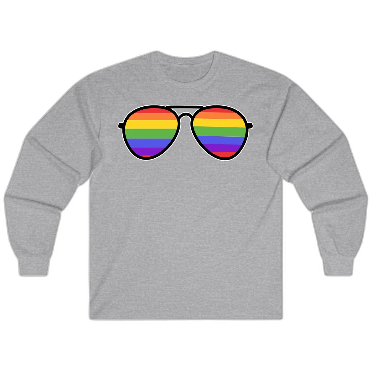 Pair of aviator sunglasses with rainbow-striped lenses in pride flag colors on gray background in Sport Grey