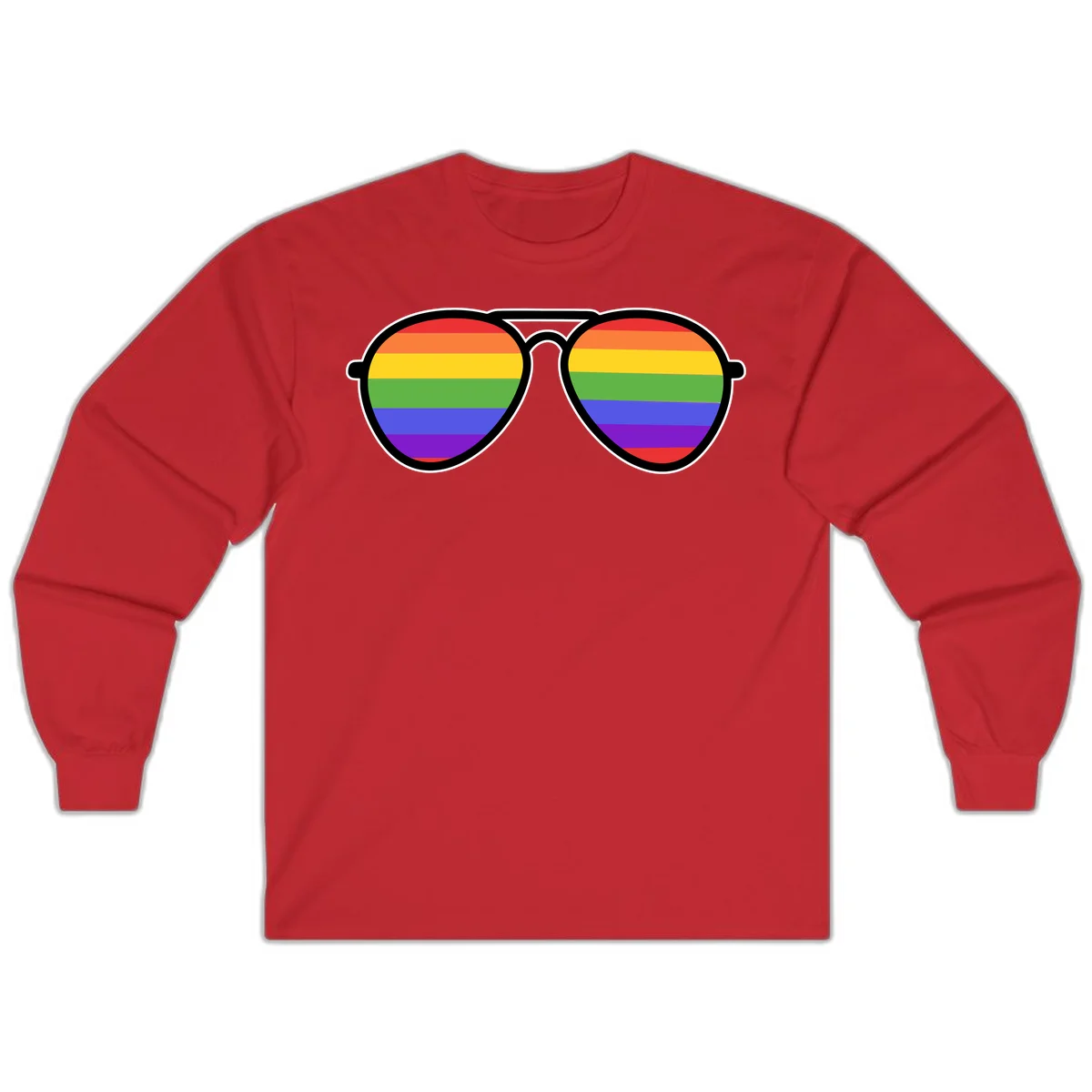 Pair of aviator sunglasses with rainbow-striped lenses in pride flag colors on gray background in Red