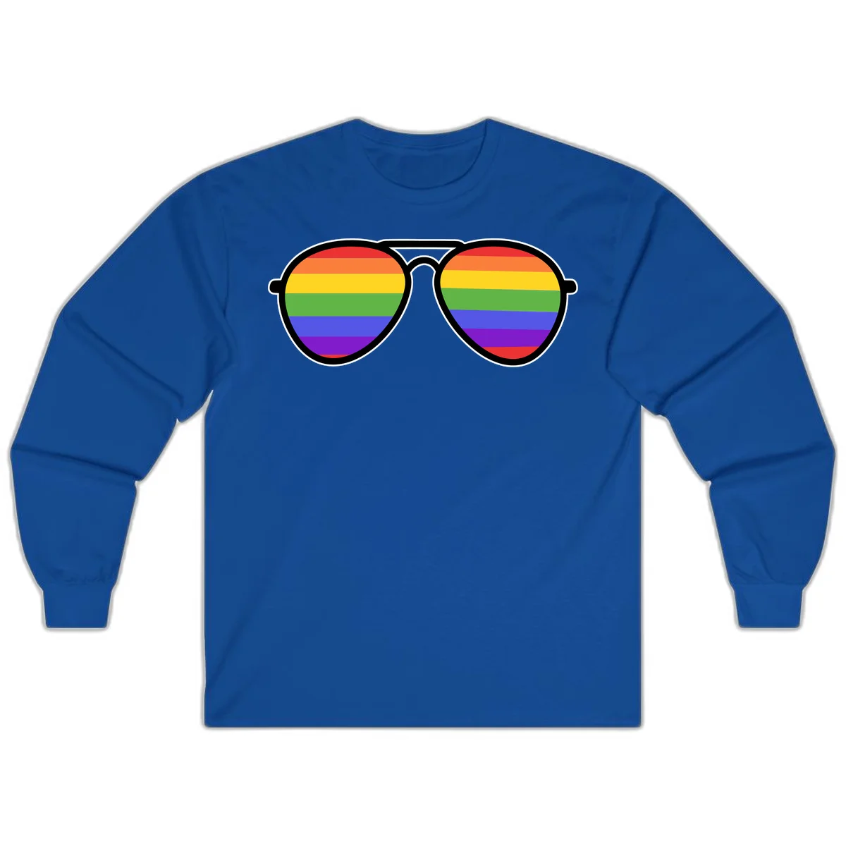 Pair of aviator sunglasses with rainbow-striped lenses in pride flag colors on gray background in Royal