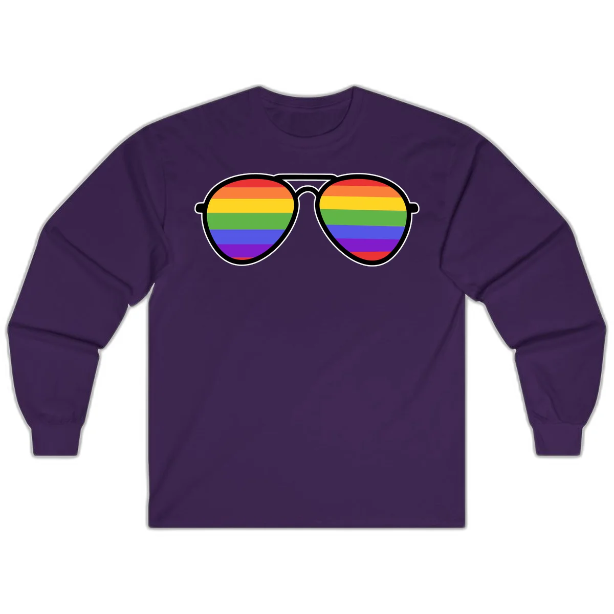 Pair of aviator sunglasses with rainbow-striped lenses in pride flag colors on gray background in Purple