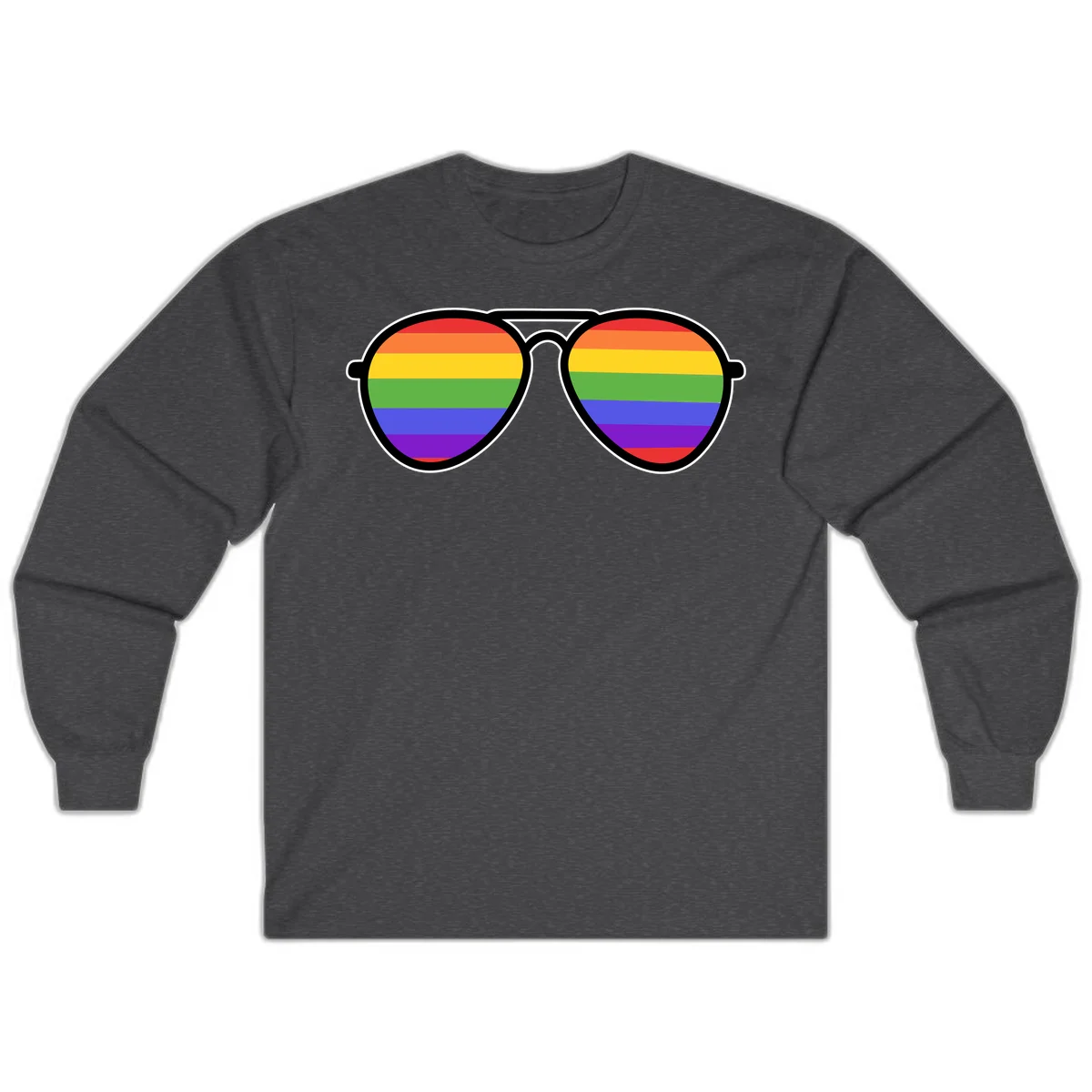 Pair of aviator sunglasses with rainbow-striped lenses in pride flag colors on gray background in Dark Heather