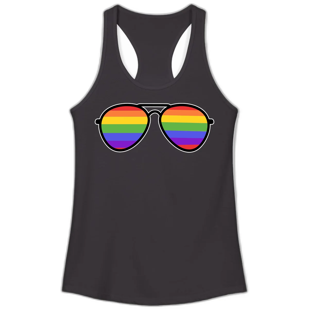 Pair of aviator sunglasses with rainbow-striped lenses in pride flag colors on gray background in Black