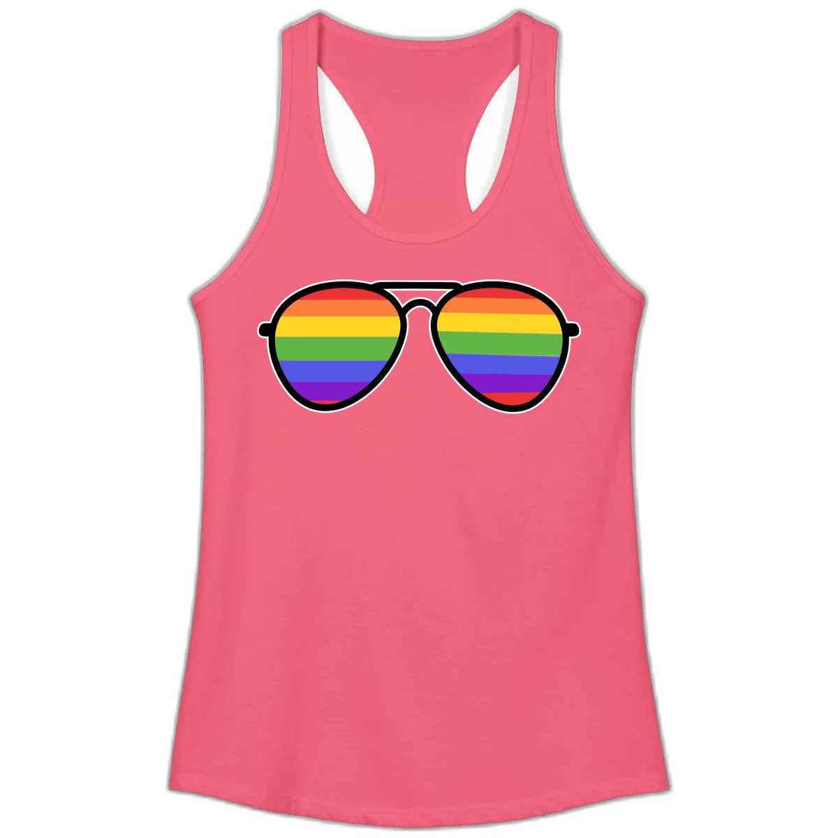 Pair of aviator sunglasses with rainbow-striped lenses in pride flag colors on gray background in Hot Pink