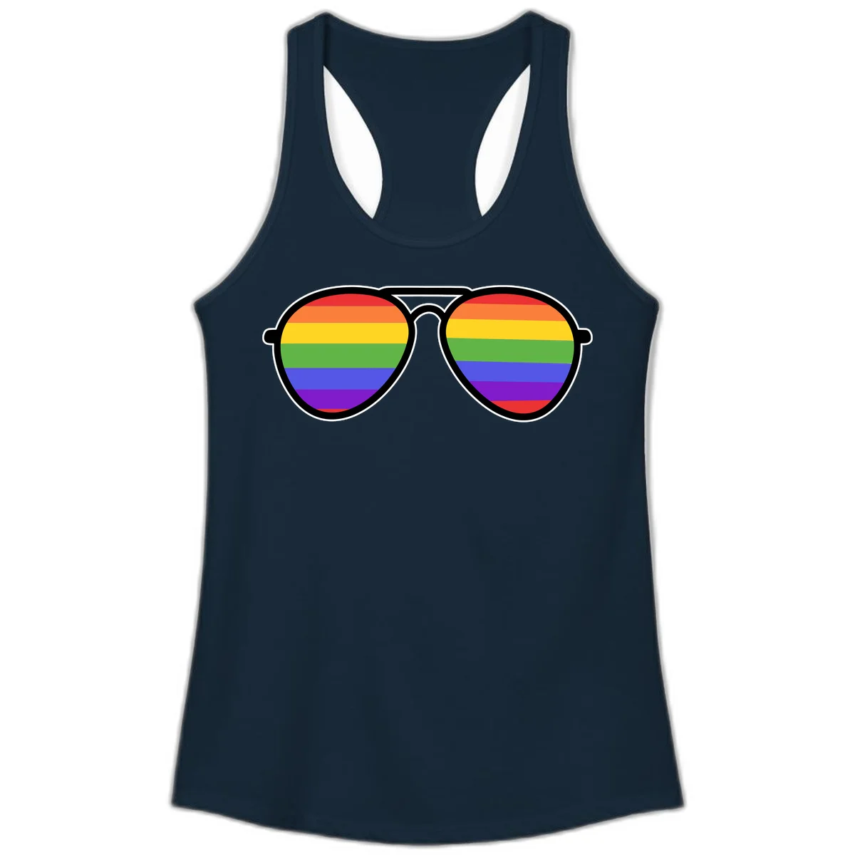 Pair of aviator sunglasses with rainbow-striped lenses in pride flag colors on gray background in Solid Midnight Navy